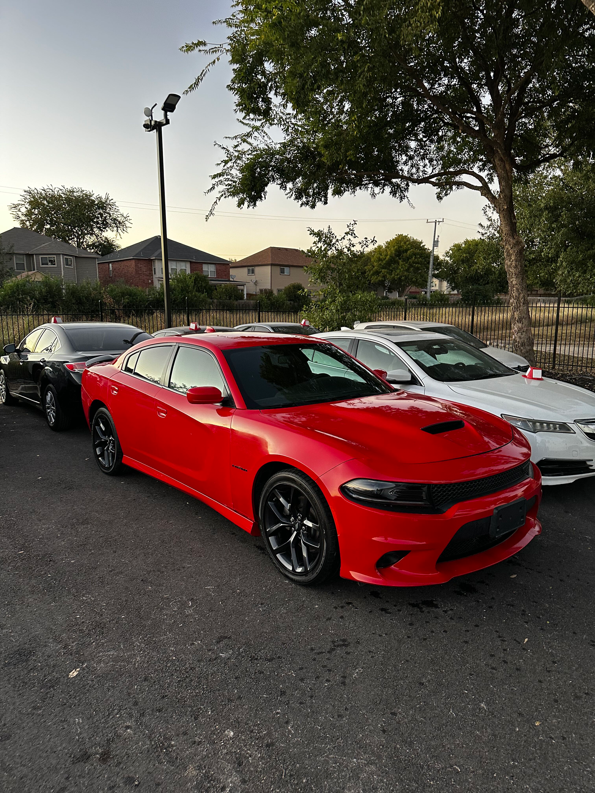 Red Dodge Charger parked on asphalt, with other cars visible. Evening light illuminates the scene.
