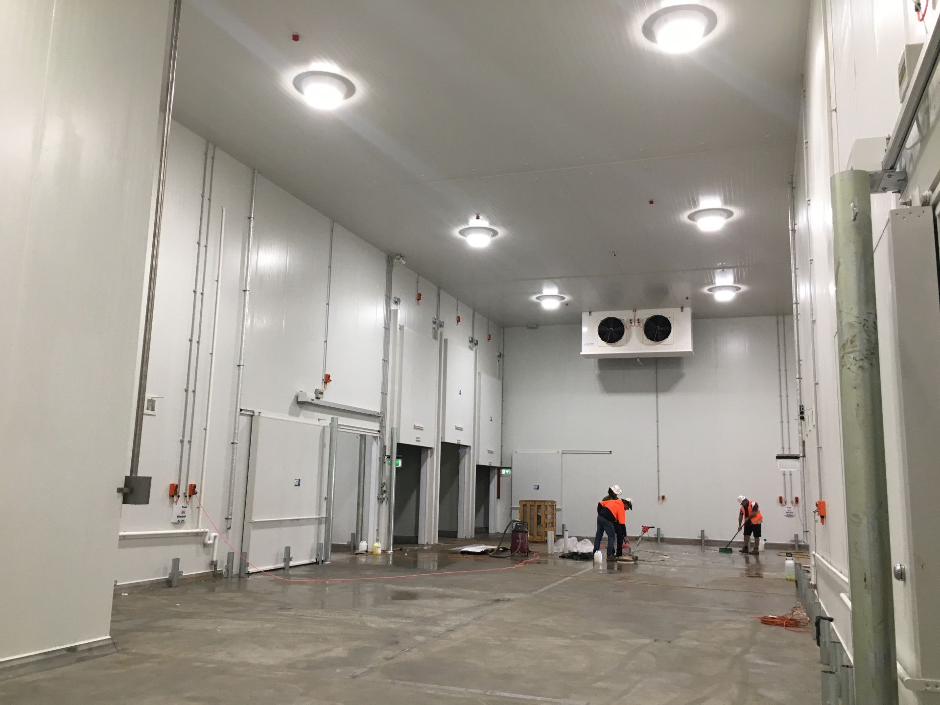 Large, white, empty walk-in freezer with overhead lights, workers, and a refrigeration unit. — Wards Group QLD In Kingaroy, QLD