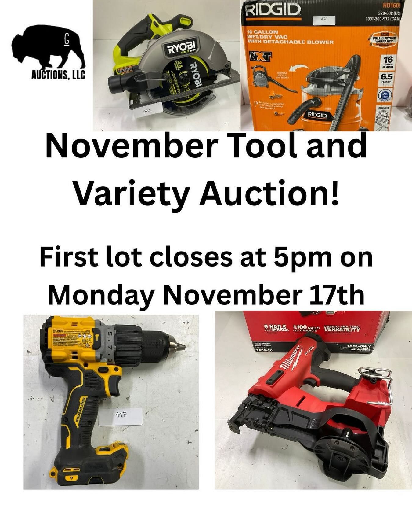 Auction ad with tools: saw, drill, nail gun, and text about the November auction closing on November 17th.