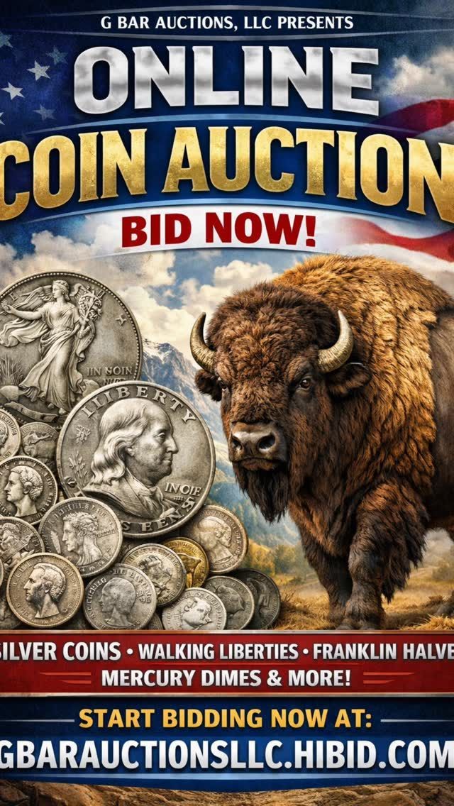 Online coin auction advertisement with coins, buffalo, and American flag.