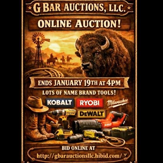 Online auction advertisement by G Bar Auctions featuring tools and a buffalo image. Ends January 19th at 4 PM.