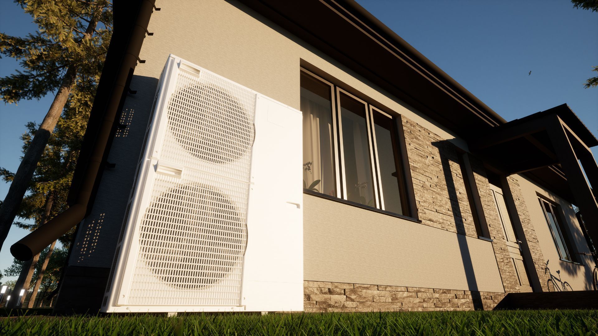A house with a large air conditioner on the side of it.