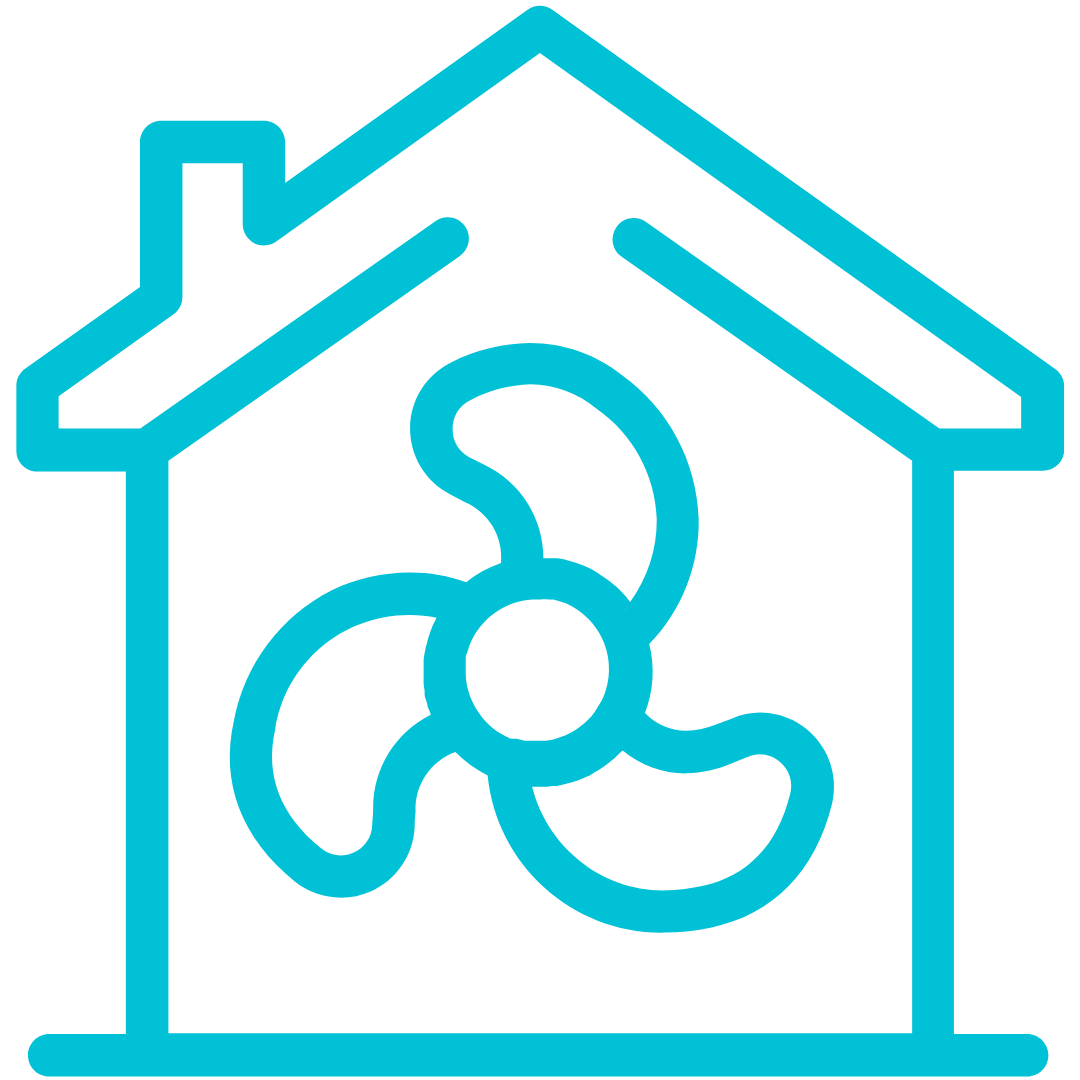A blue icon of a house with a fan inside of it.