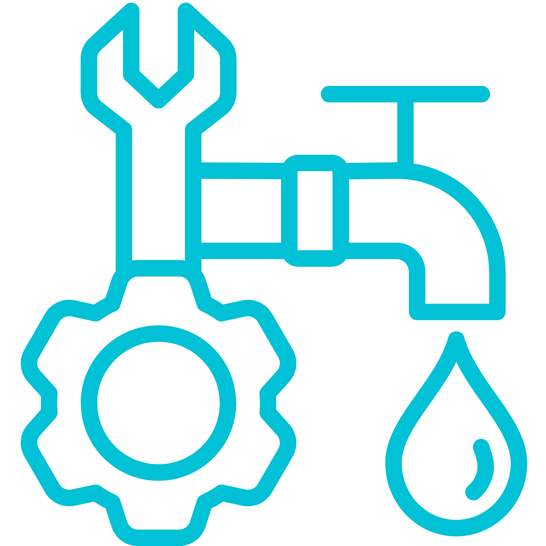 A blue icon of a faucet , gears , and a drop of water.