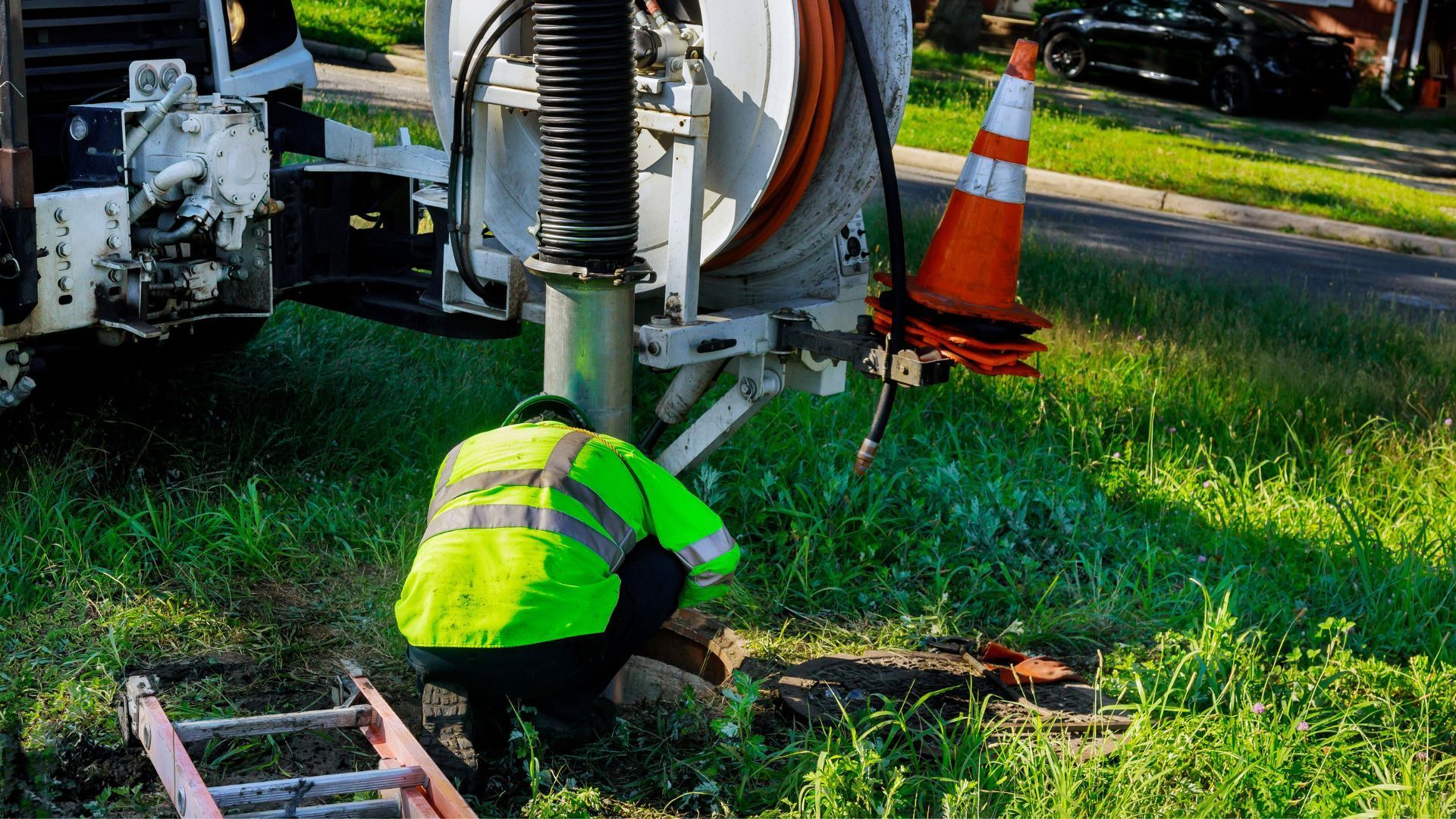 A man is kneeling down in the grass next to a ladder and a machine.