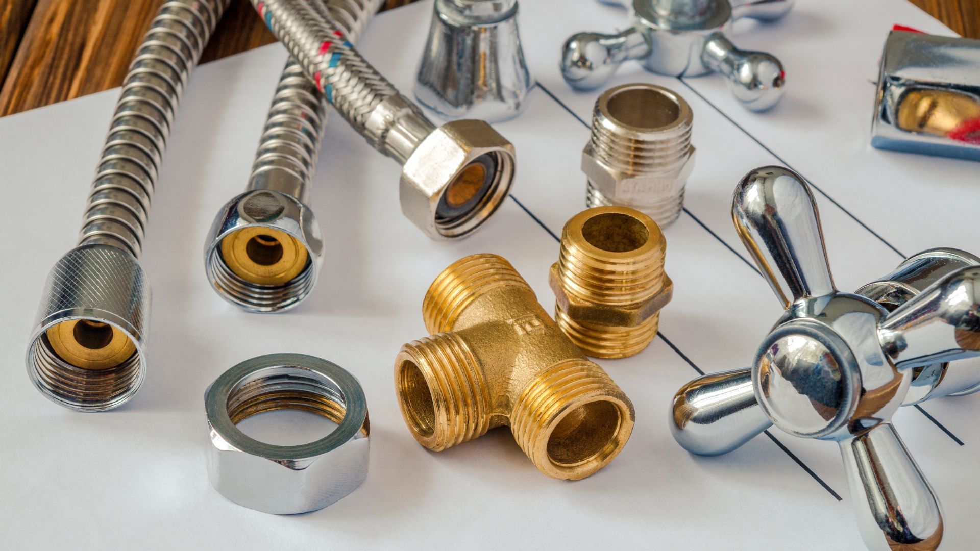 A bunch of plumbing parts are sitting on top of a piece of paper.