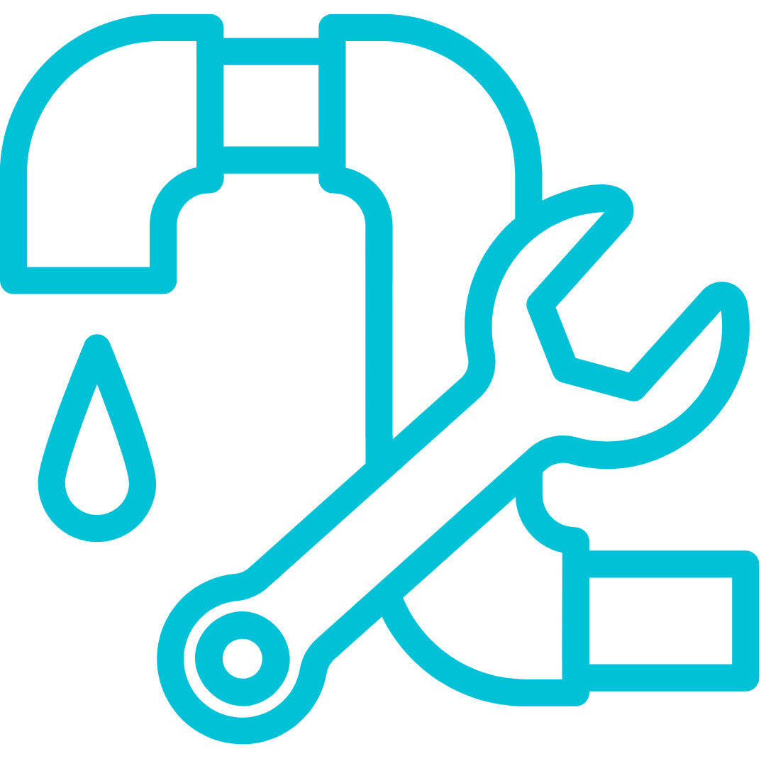 A blue icon of a faucet with a wrench and a drop of water.