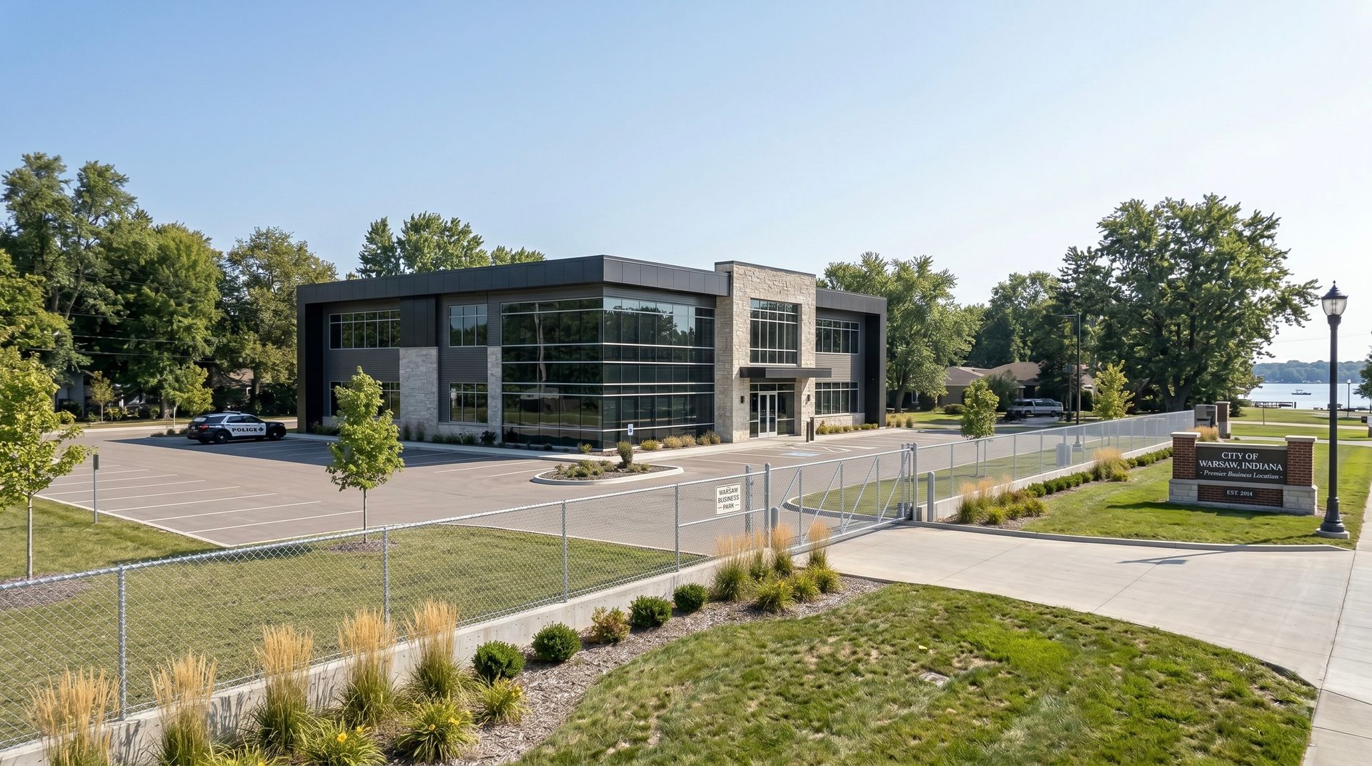 Modern glass office building with parking lot, landscaped grounds, and a road beside a river or lake