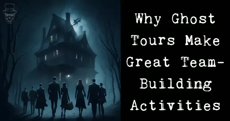 A group of people standing in front of a haunted house