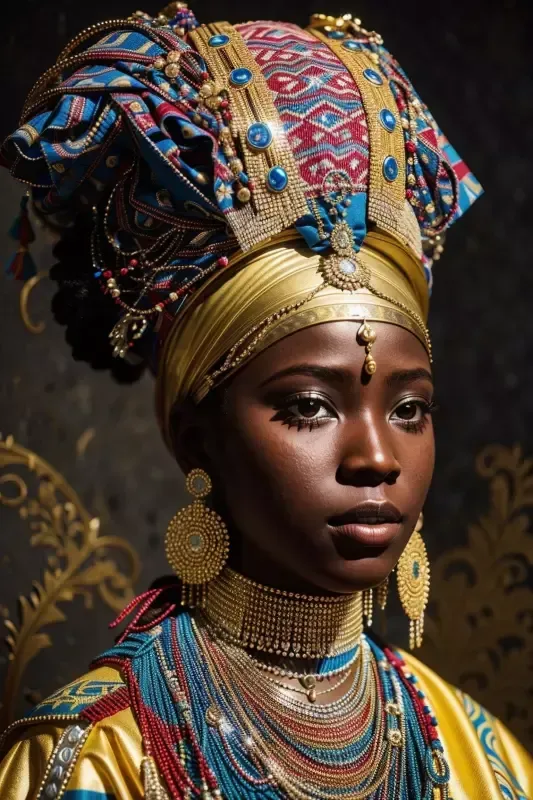 A woman wearing a turban and a lot of jewelry.