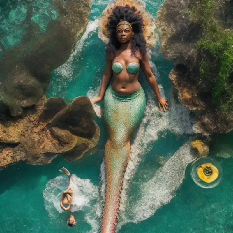 A woman in a mermaid costume is floating in the water