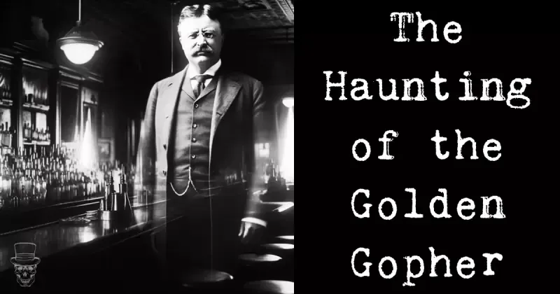 A black and white photo of a man standing in front of a sign that says the haunting of the golden gopher