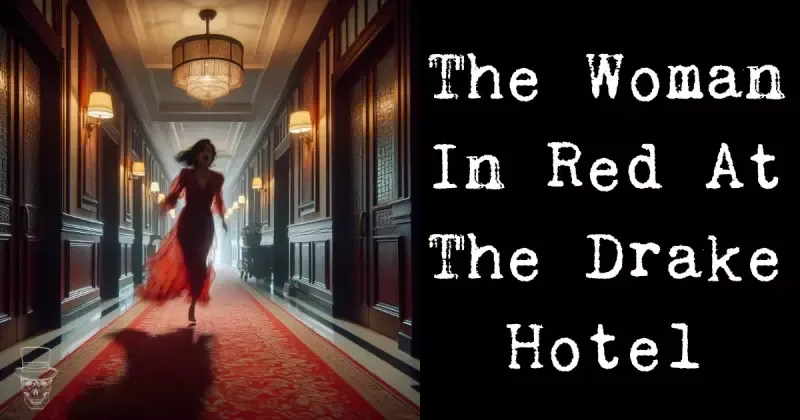 A woman in a red dress is walking down a hotel hallway.