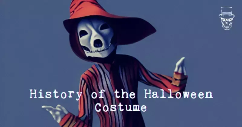 A cartoon of a skeleton wearing a witch hat with the words history of the halloween costume below it