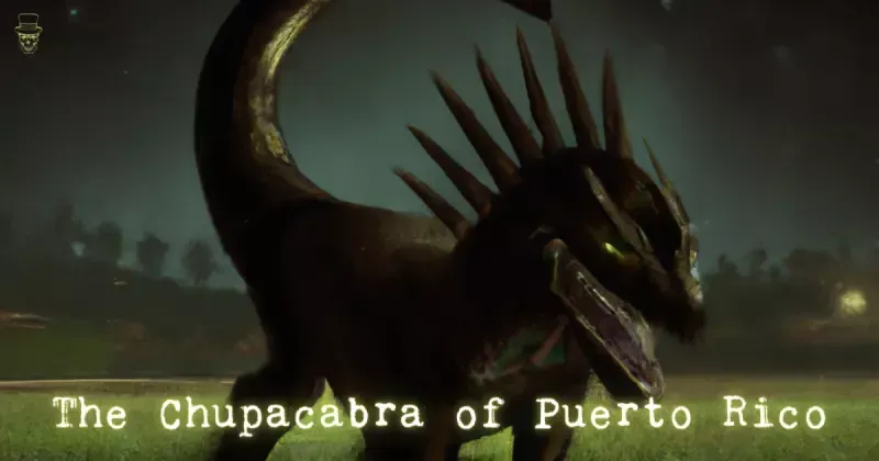 Chupacabra in field at night, dark fur, spiked back, green eyes, Puerto Rico caption.