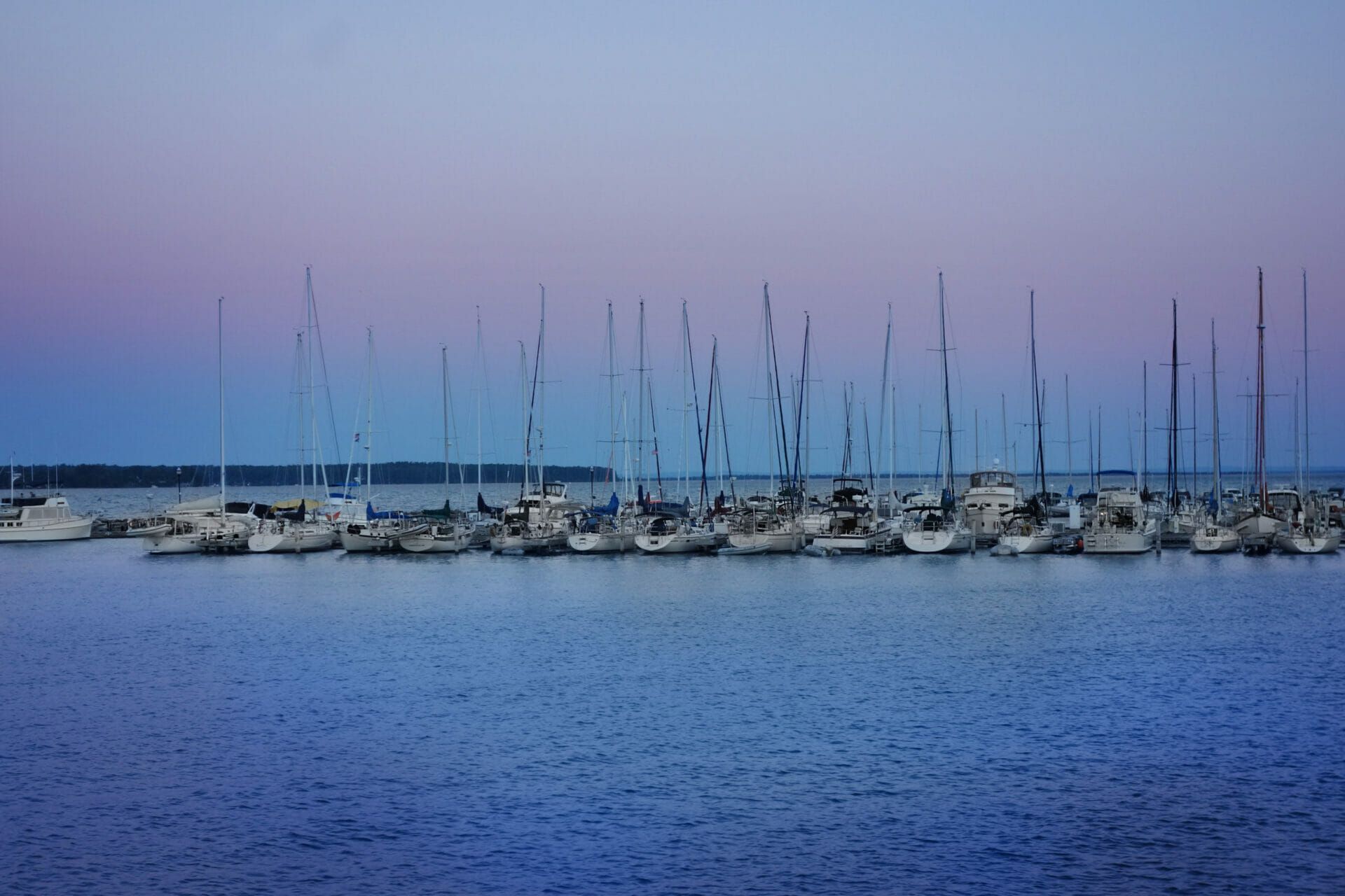 A row of sailboats are docked in a harbor