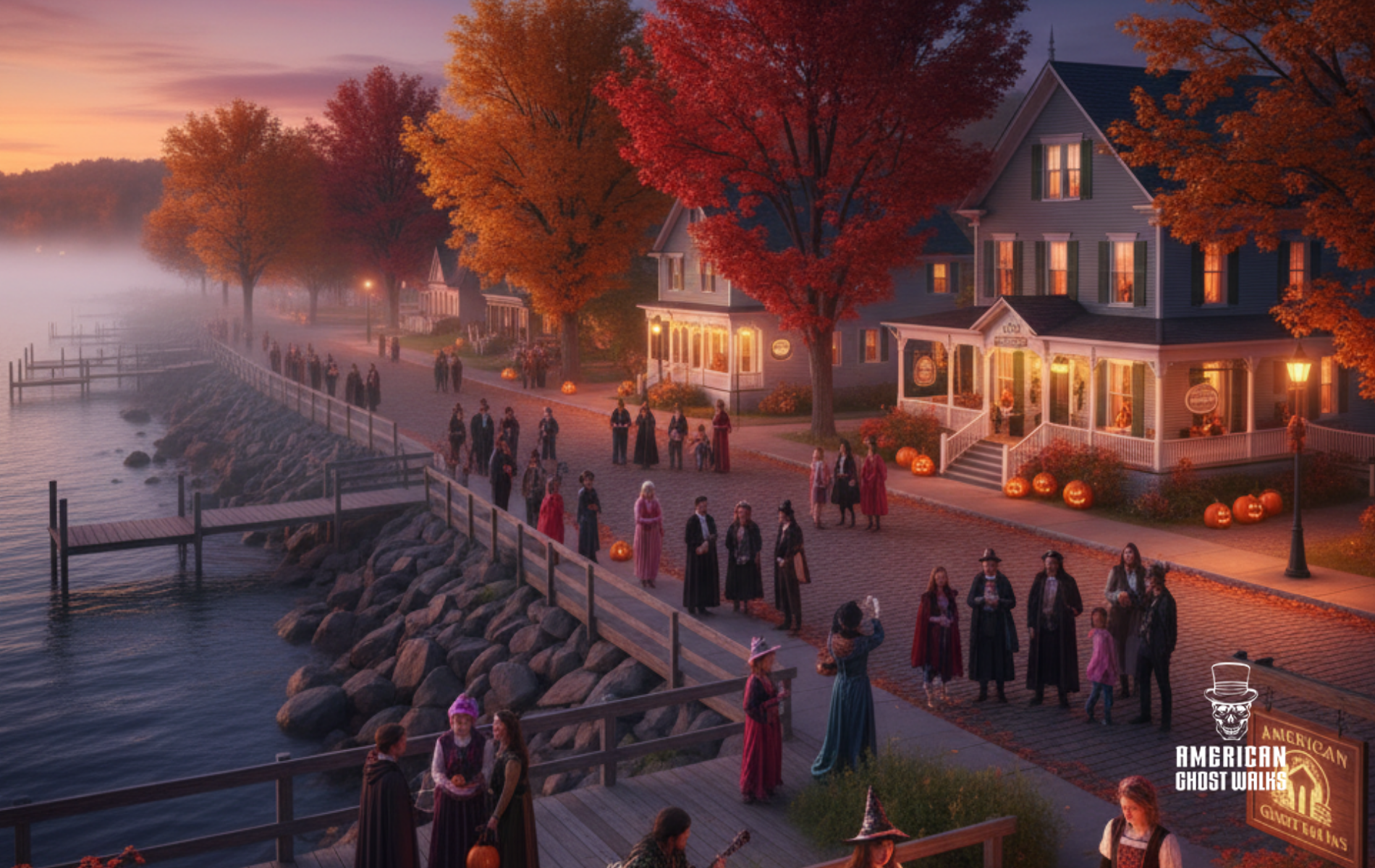 A waterfront scene at dusk with costumed people, autumnal trees, and decorated houses along a walkway.