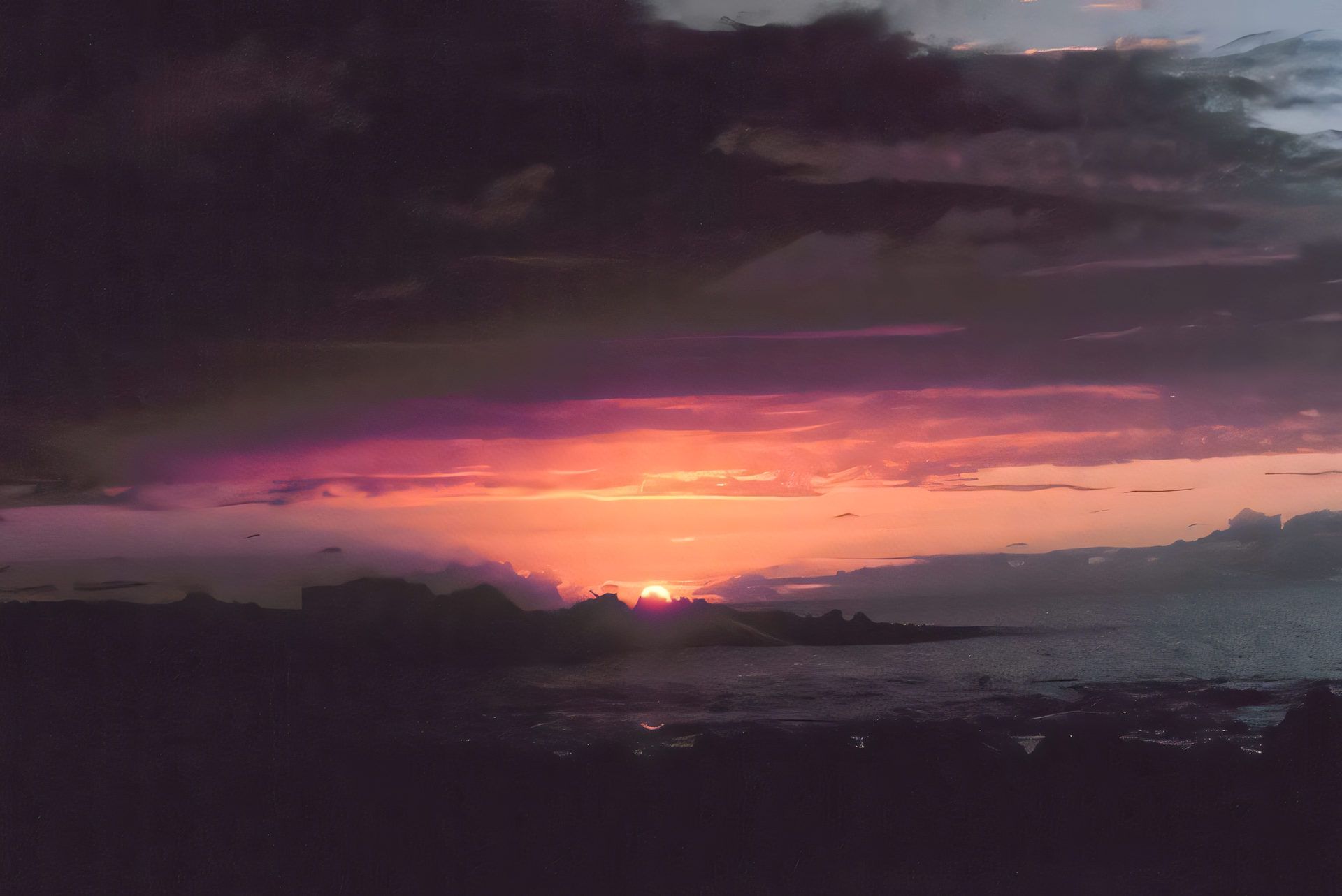A sunset over a body of water with a purple sky