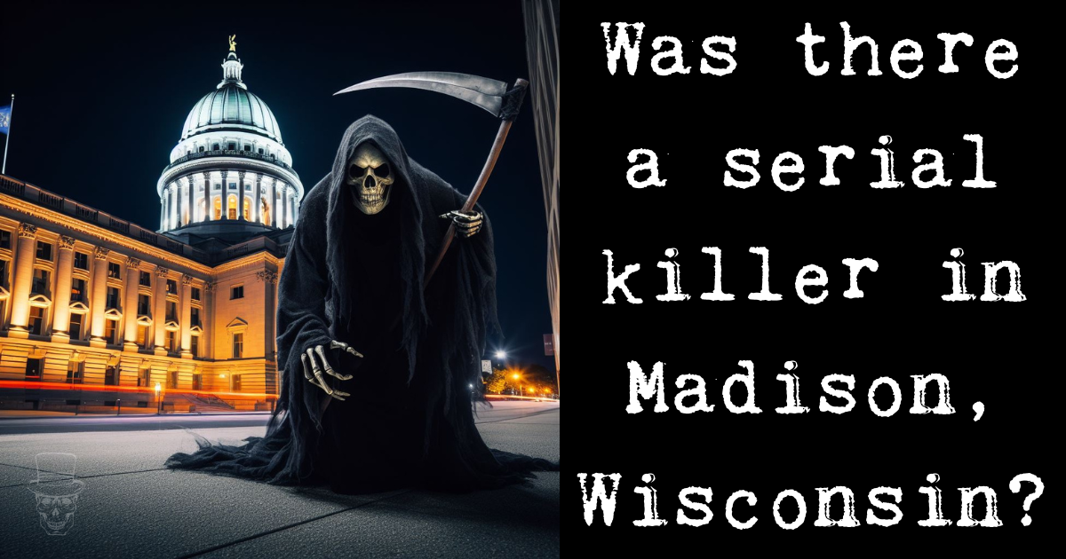 A grim reaper with a scythe is standing in front of a building.