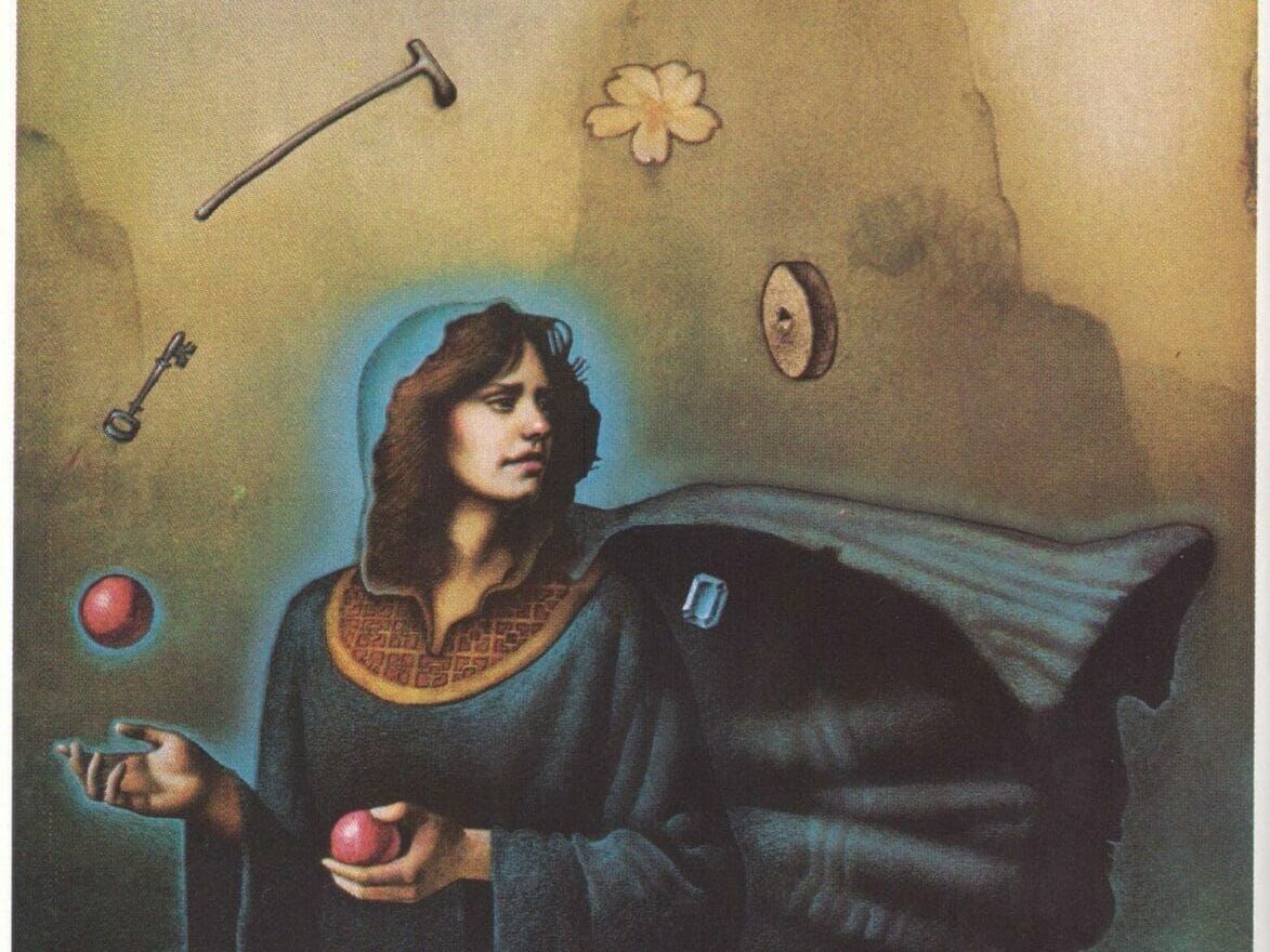 A painting of a woman holding a red apple