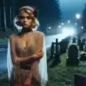 Woman in sheer dress stands at cemetery at night, car headlights glow.