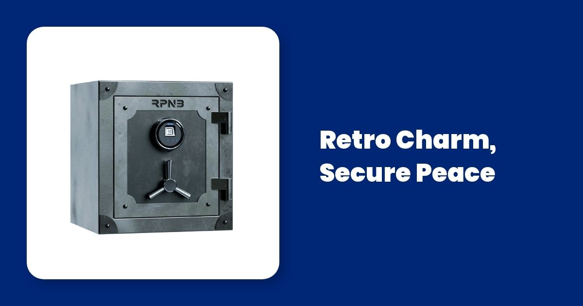 A picture of a safe with the words `` retro charm , secure peace '' written on it.