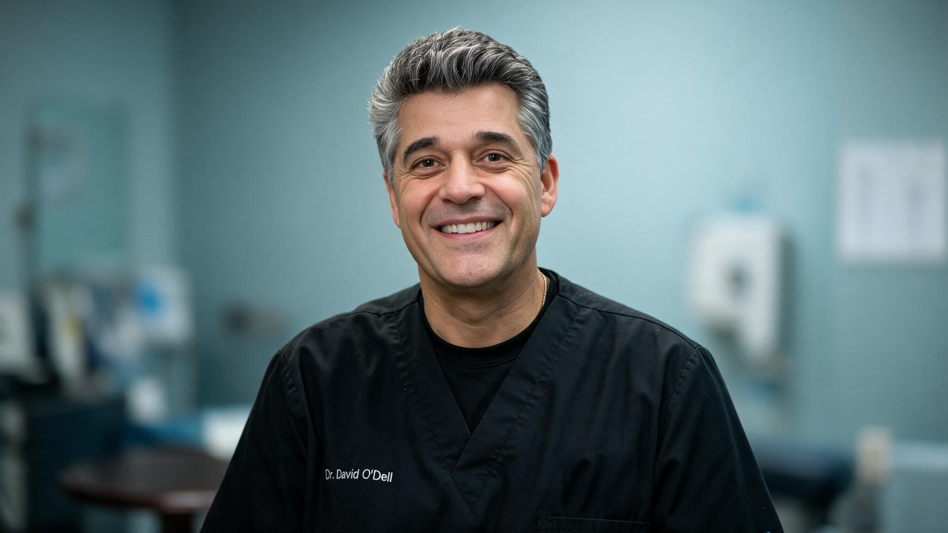 Smiling medical professional in black scrubs in a clinical setting