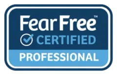 Fear Free Certified Professional badge in blue and white with checkmark icon