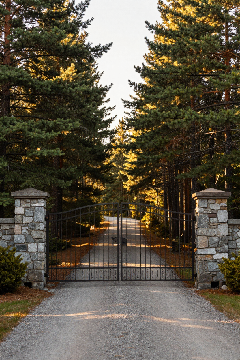 Private gated driveway entrance flanked by boreal forest