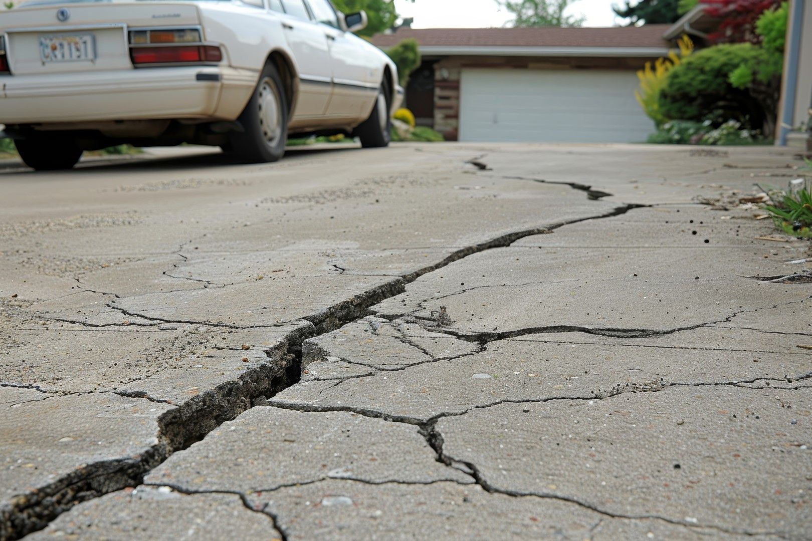 Cracked concrete driveway with a white car parked in front of a garage.