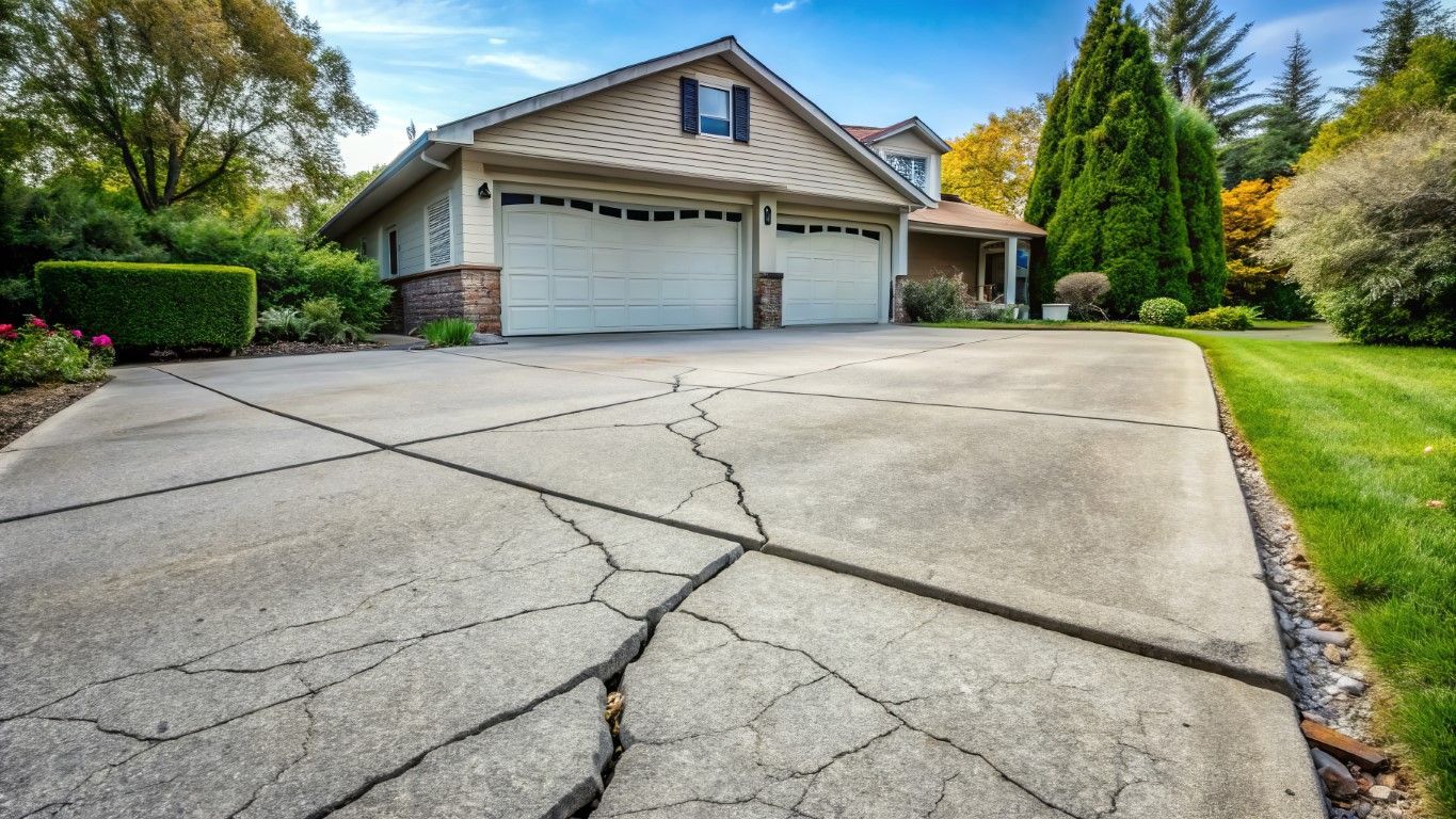Cracked concrete driveway in front of a two-car garage. Home with tan siding, lawn, and green trees.