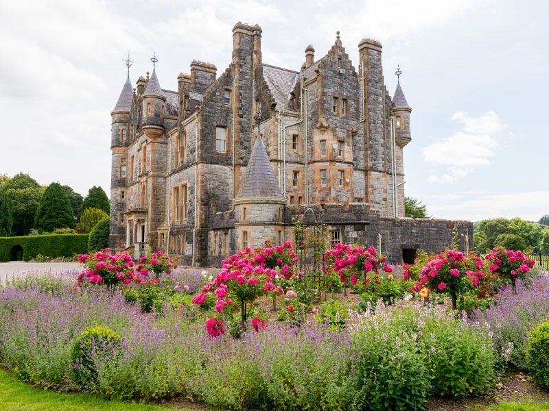 Un grand château en pierre entouré de plusieurs fleurs