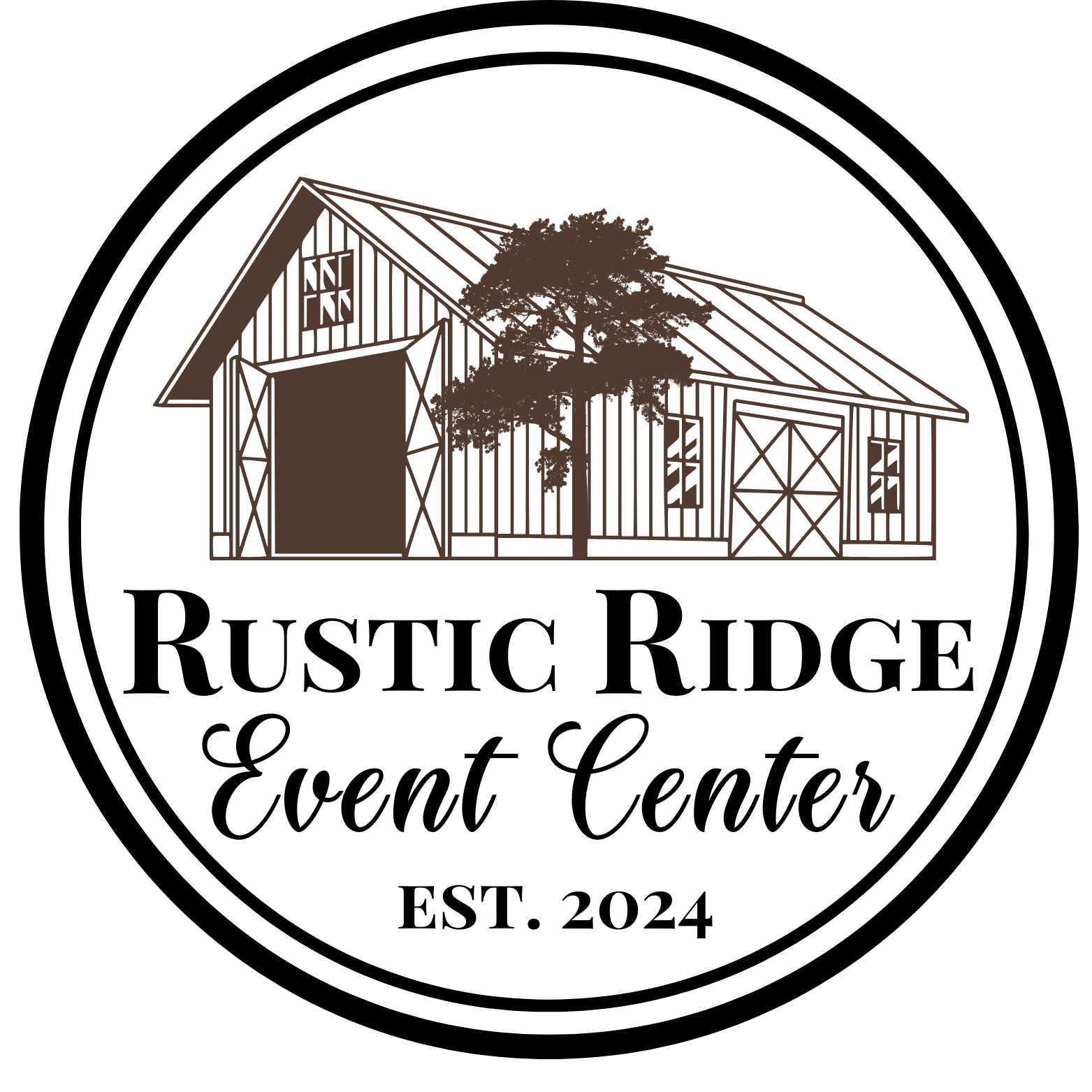 The logo for rustic ridge event center shows a barn with a tree in front of it.