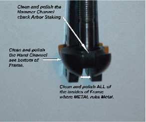 Diagram showing gun part with arrows pointing to areas to clean and polish.