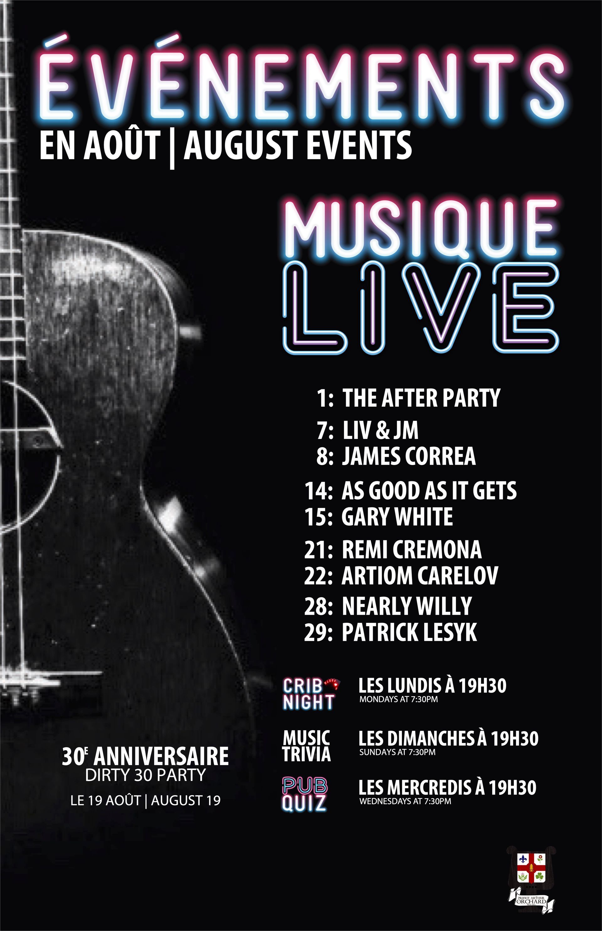 A poster for evenements en aout august events musique live