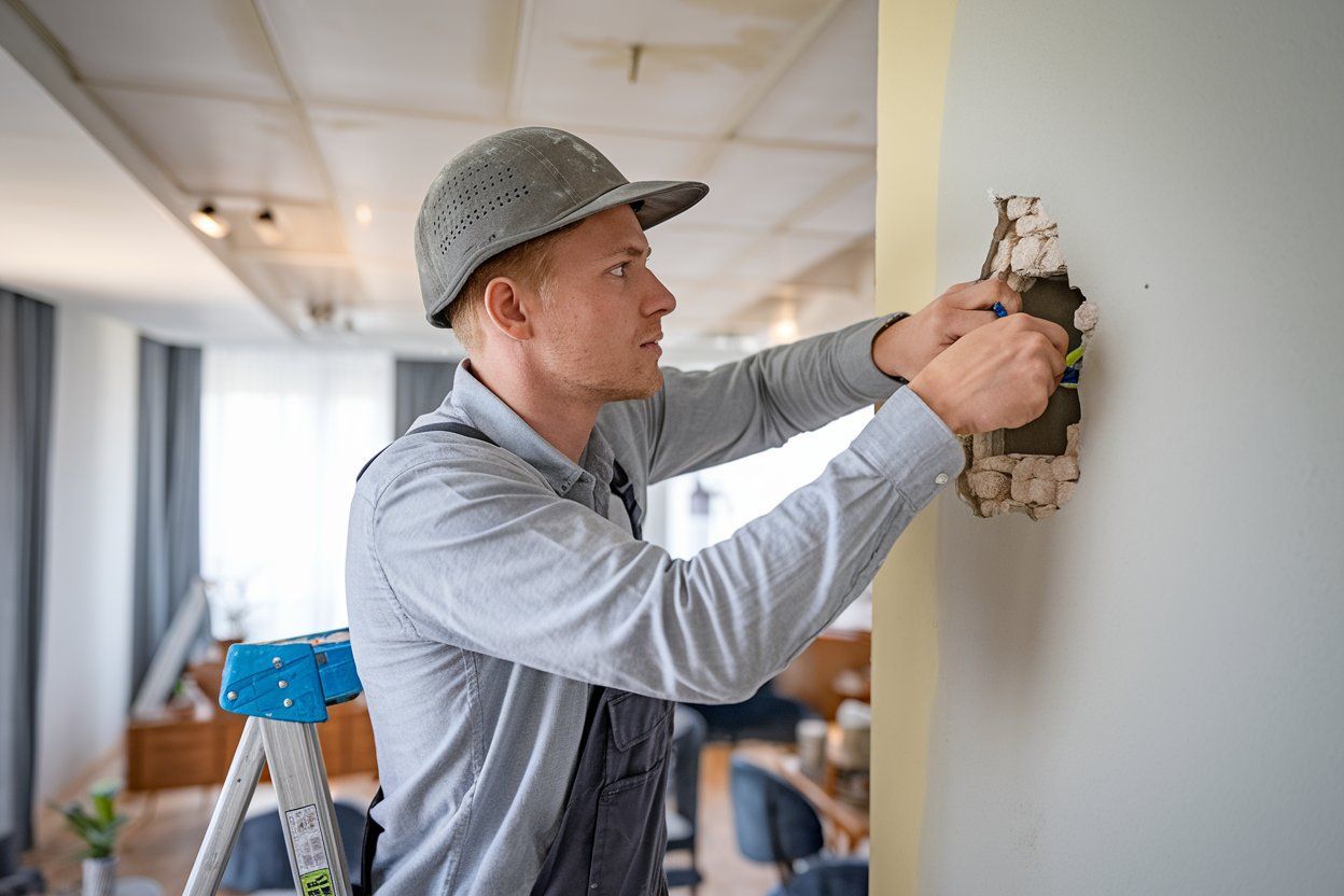 A man is standing on a ladder fixing a light switch on a wall.
