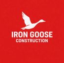 White goose logo and &ldquo;IRON GOOSE CONSTRUCTION&rdquo; text on a red background