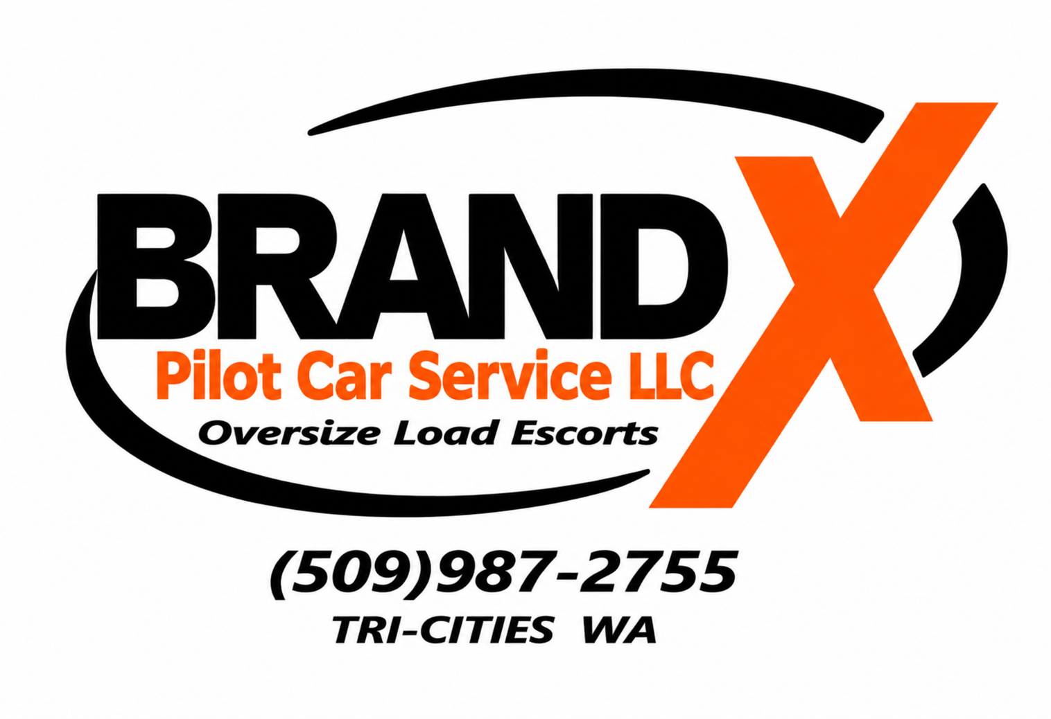 BRAND X logo with Pilot Car Service LLC, Oversize Load Escorts, phone number and Tri-Cities WA