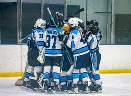 A group of ice hockey players in blue and white jerseys huddle together and celebrate on the ice rink.
