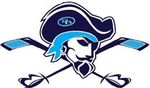 A pirate mascot in a blue and black tricorn hat and bandana, positioned over two crossed hockey sticks.