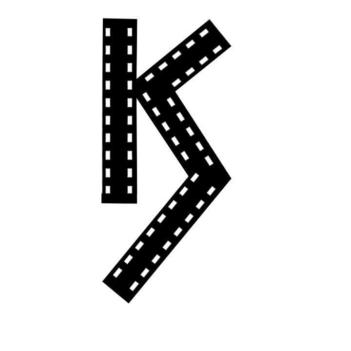 A black and white logo featuring two strips of film arranged to form the letter K.