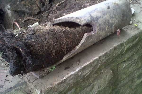 Broken concrete pipe clogged with soil and debris along a stone wall