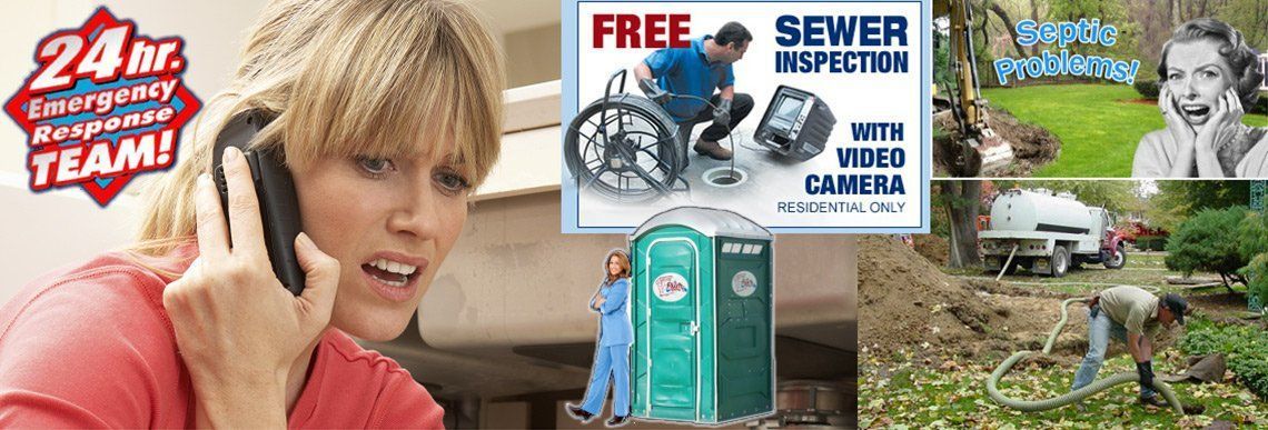 Promotional ad for septic services with woman on phone and portable toilets in a yard, plus sewer inspection graphics