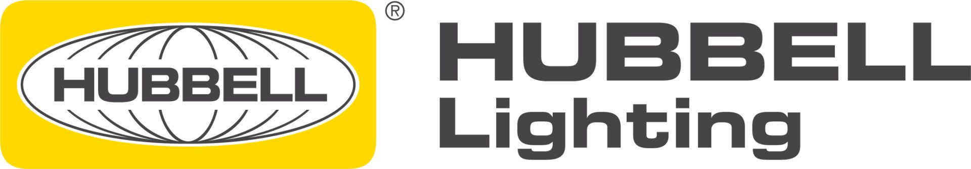A logo for hubbell lighting with a yellow background
