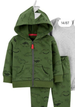 Chándal infantil verde con capucha y estampado de dinosaurios, capucha gris con estampado de dinosaurios y tirador rojo.