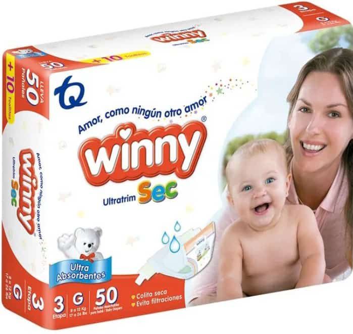 Paquete de pañales Winny Sec para bebé con madre y bebé sonrientes sobre fondo blanco.