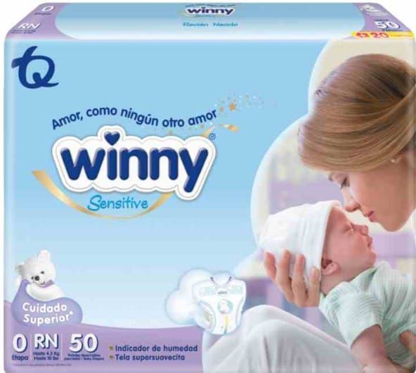 Caja de pañales Winny Sensitive para bebé con la imagen de una madre sosteniendo a un recién nacido en un paquete azul claro.