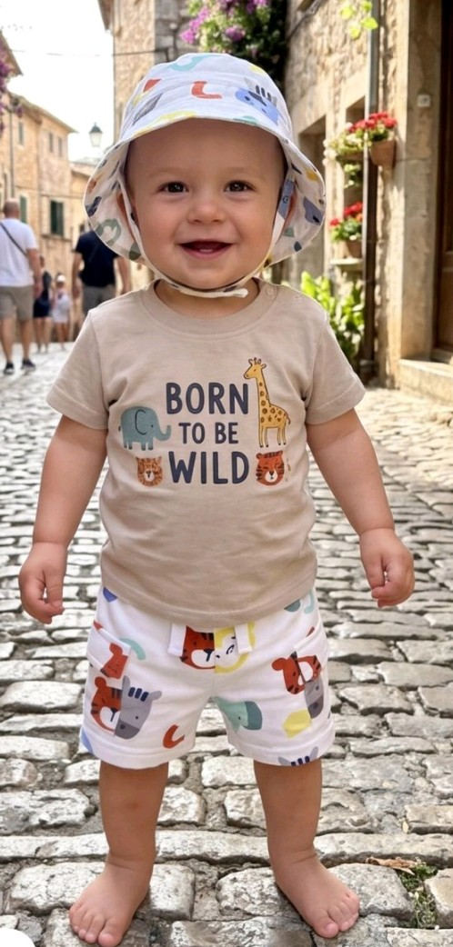 Un niño pequeño sonriente, con un gorro blanco y un conjunto beige, está de pie en una calle empedrada.
