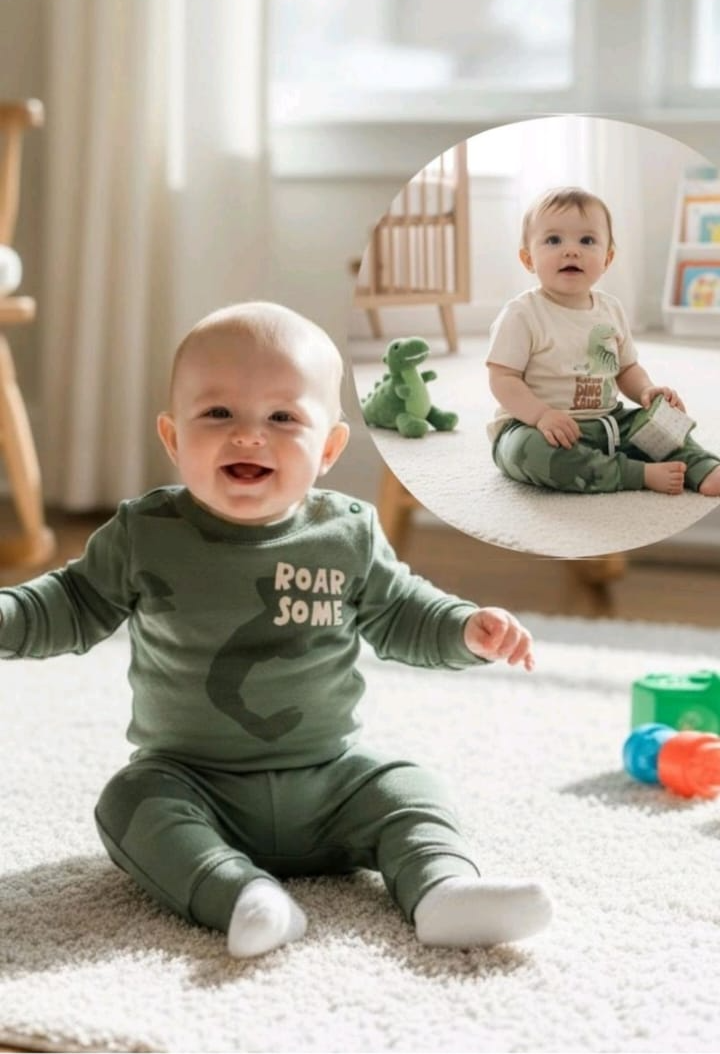 Bebé sonriente con un atuendo verde sentado sobre una alfombra blanca en una habitación iluminada por el sol