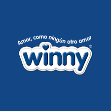 Logotipo de Winny en blanco y azul sobre un fondo azul liso, con el eslogan en español en la parte superior.